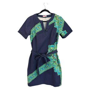 Lilly Pulitzer Navy Blue Paisley Shift Dress 6 Green Belted Keyhole Resortwear